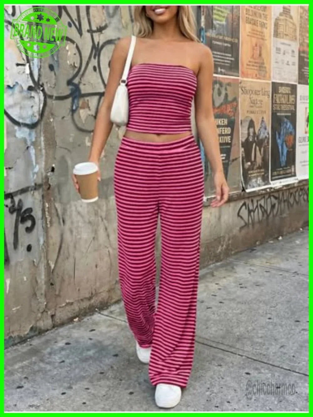 Two Piece Lounge Set: Tube Top & Wide Leg Pants with Pockets, 95% Rayon 5%